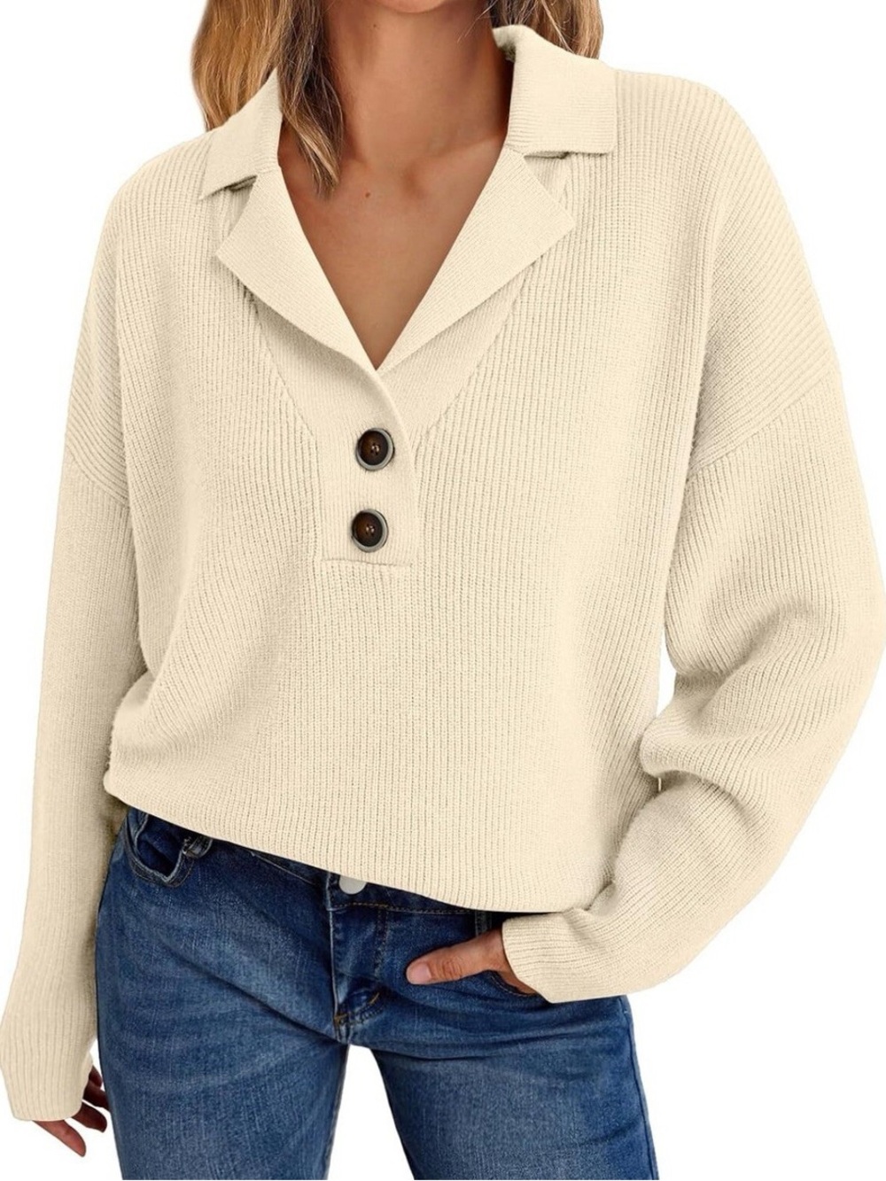 LILLUSORY Oversized Ribbed Polo Sweater Boho Chic